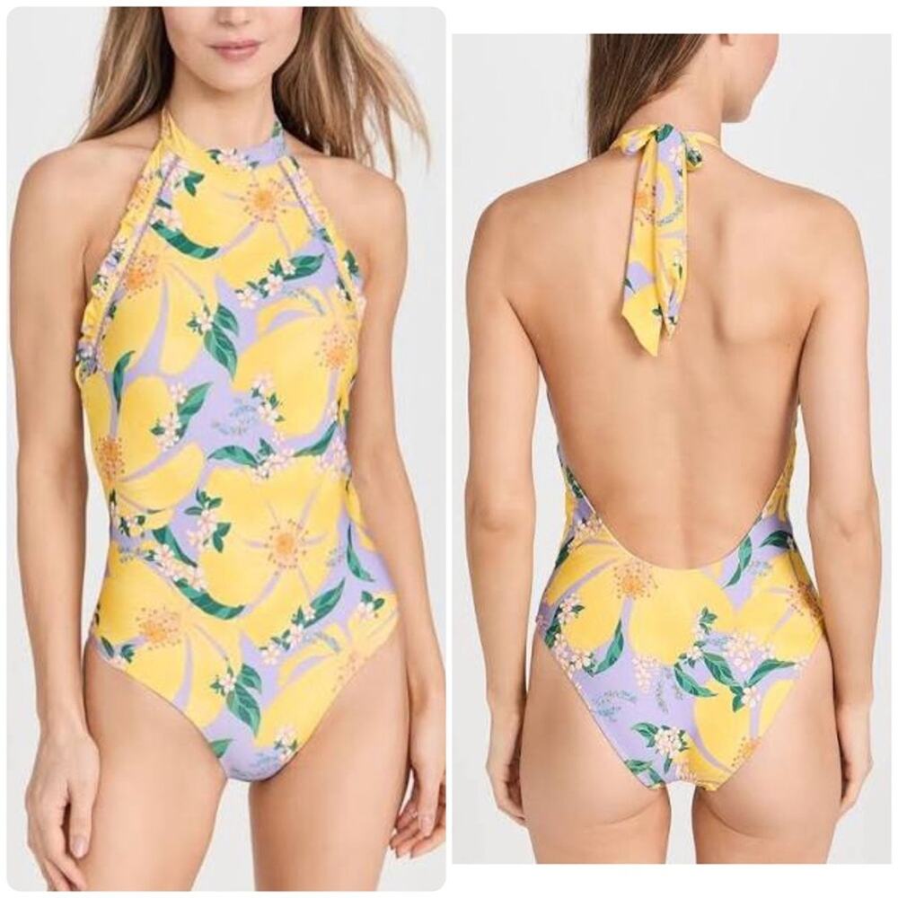 NEW Farm Rio Pietra Floral One Piece Swimsuit M Halter Neck Lilac Yellow Summer